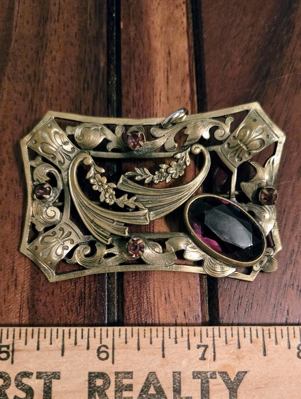 Antique Art Nouveau Amethyst Glass Brass Sash Buckle Brooch